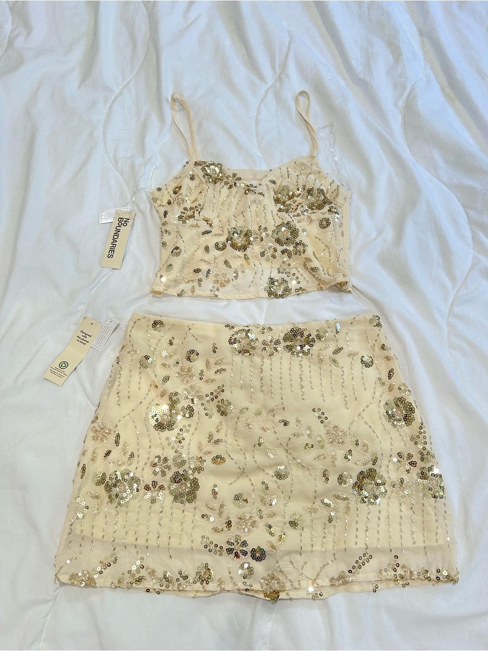 Beaded Cream Sequin Two-Piece Skirt Set